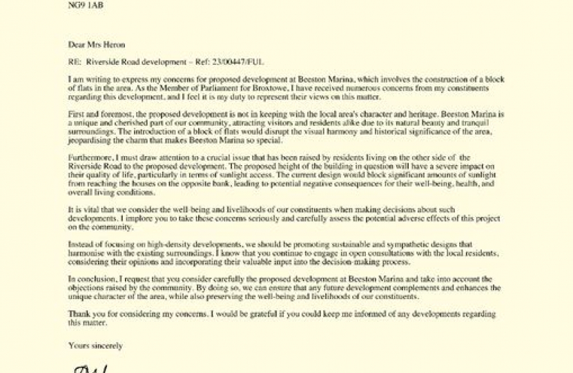Darren Henry MP's letter regarding the proposed development at Beeston Marina